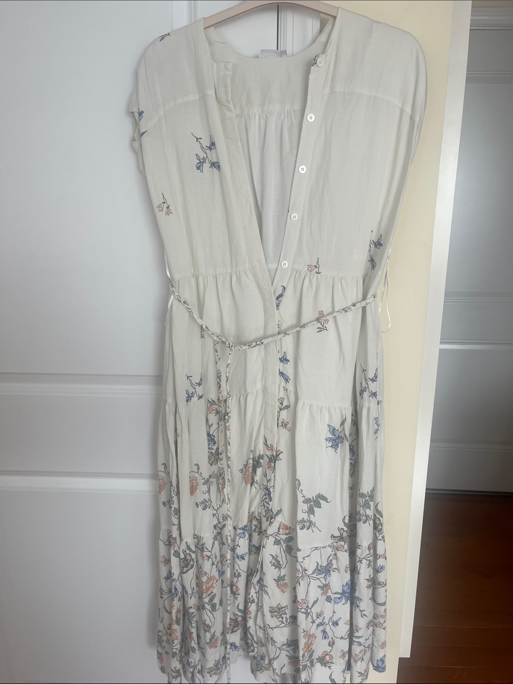 Hermoza Cream Midi Dress with Blue and Tan Floral Print